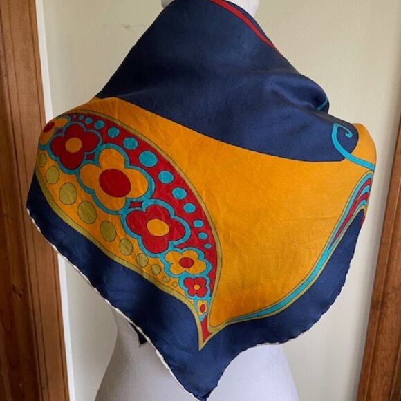 BURMEL Vintage Hand Rolled Bold Retro Print Blue Square Scarf - Picture 6 of 16